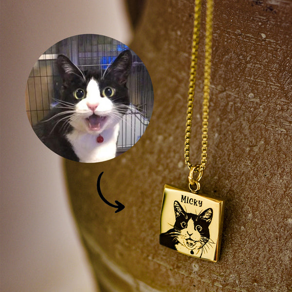 Custom Pet Portrait Name Titanium Steel Square Necklace